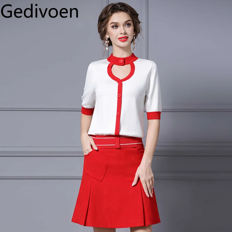 

Gedivoen Красно-белый вязаный комплект из двух предметов Модный комплект с высокой талией для встреч и отдыха Облегающий однобортный комплект с пряжкой