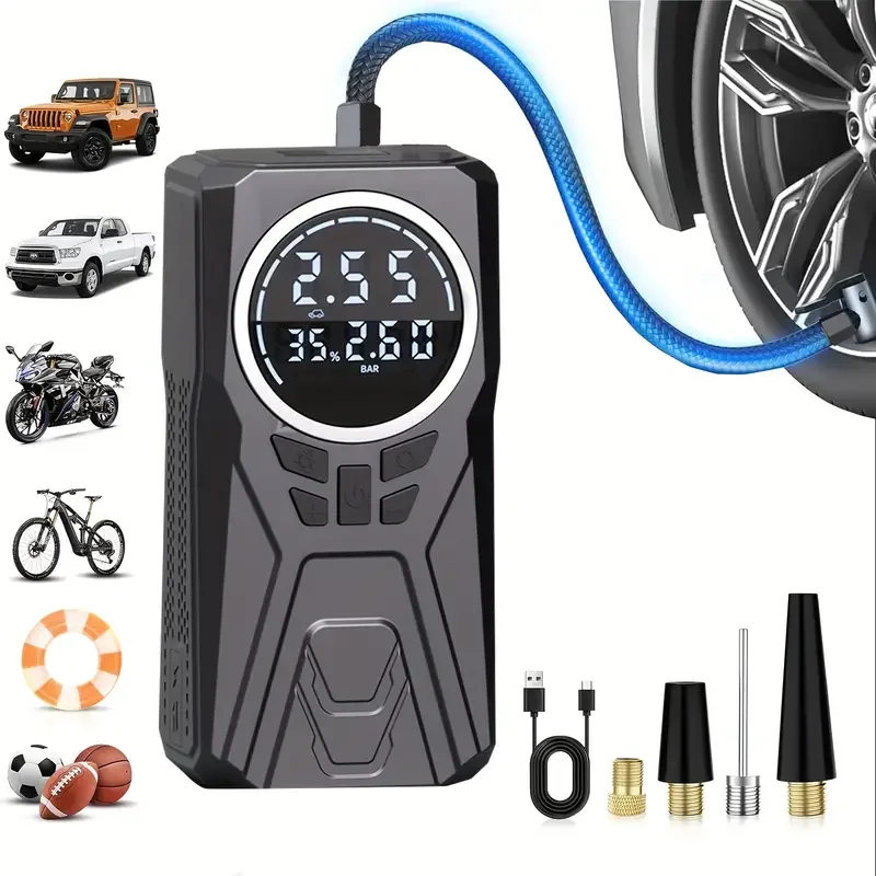

Cordless Car Air Pump Portable Air Compressor - Tire Inflator with Digital Gauge LED Lights For Motocycle Bicycle Ball
