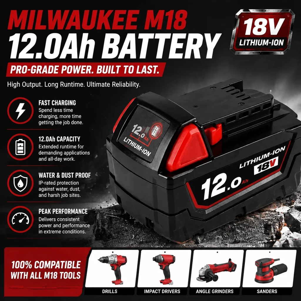 Bateria litowa 18V 12.0Ah do zamiennika dla serii Milwaukee M18, kompatybilna ze wszystkimi elektronarzędziami akumulatorowymi M18 18V, akumulator litowo-jonowy o dużej pojemności, szybkie ładowanie,