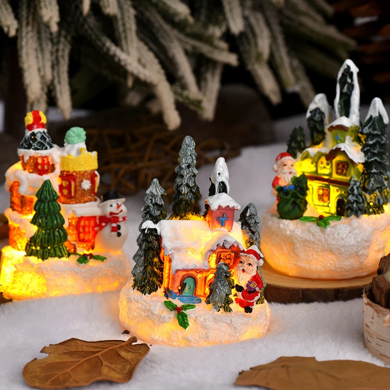 1PC Christmas Houses Lighted Xmas Village Houses Figurines Sculpture Christmas Gingerbread Cottage Ornaments