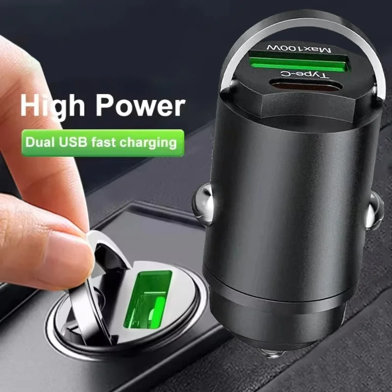 

Universal 100W Mini Car Charger Fast Charging 12V-24V QC3.0 Mini PD USB Type C Car Mobile Phone Charger For Xiaomi Huawei iPhone