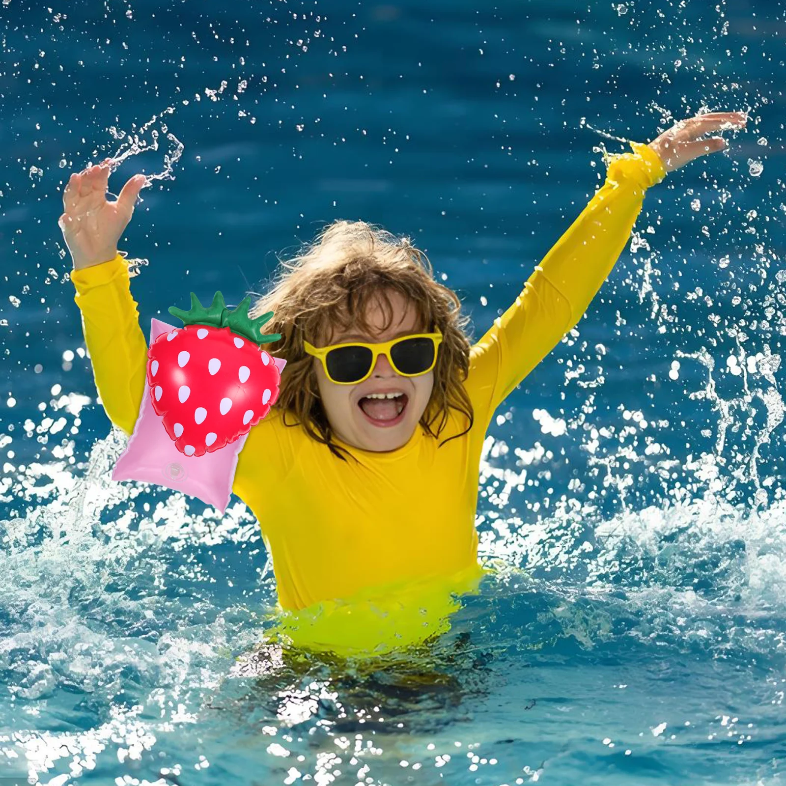 1Pair Inflatable Arm Bands for Kids Swimming Floaties with Strawberry Pattern PVC Waterproof Childrens Swim Training Support