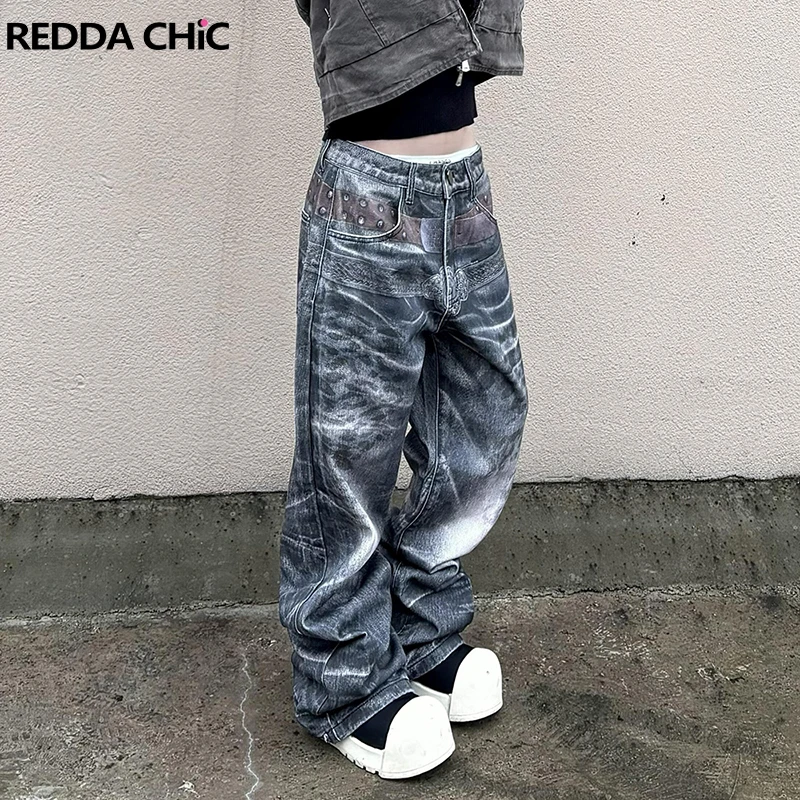 

Джинсы ReddaChic в стиле панк с эффектом потертости, широкие, женские, с низкой посадкой, прямые, с принтом, из денима, в стиле ретро, гранж, для скейтеров, уличная мода