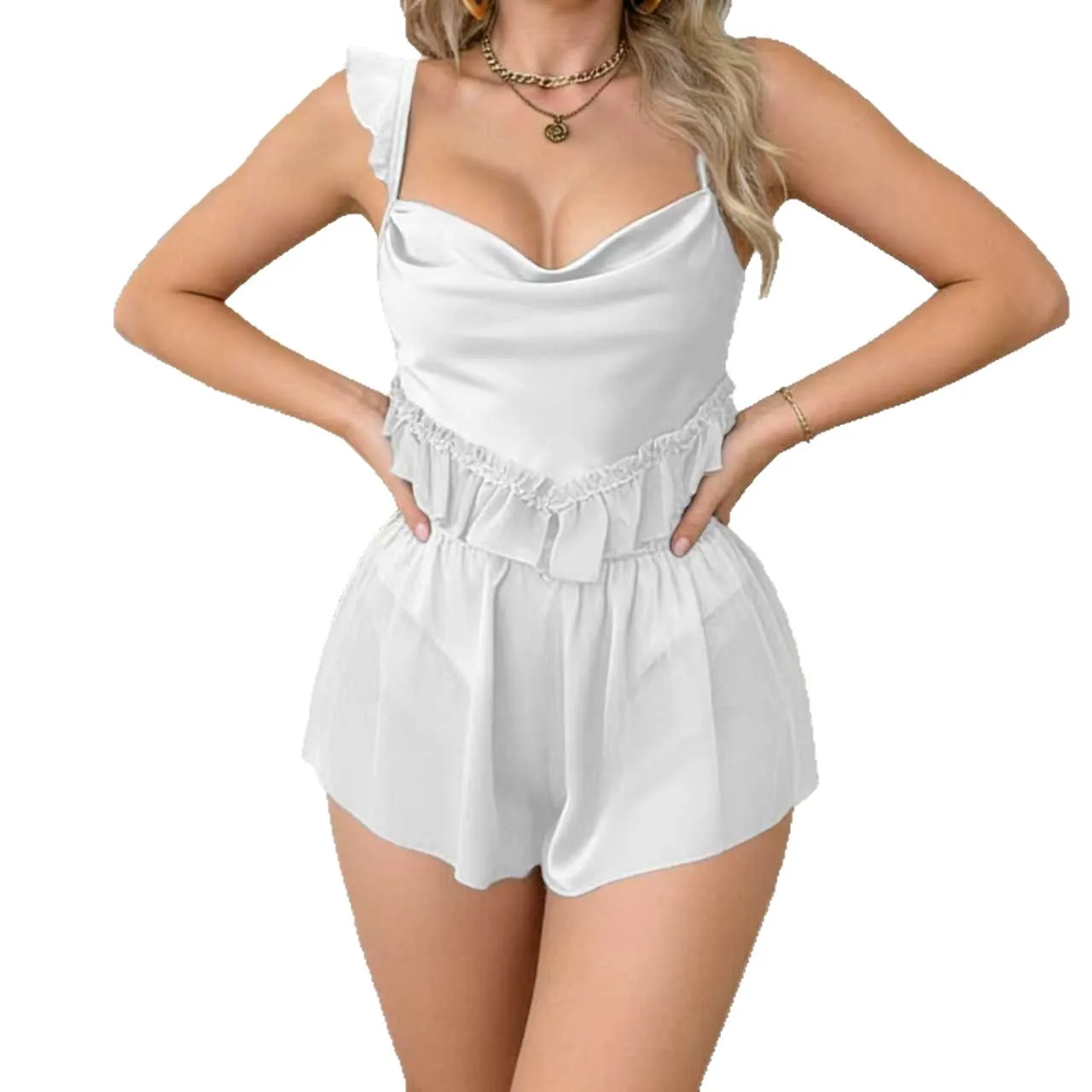 

New Sexy Women's Pajamas Ice Silk Camisole And Shorts Two-piece Set Stylish And Elegant Home Wear Pure Desire charming sets UVSA