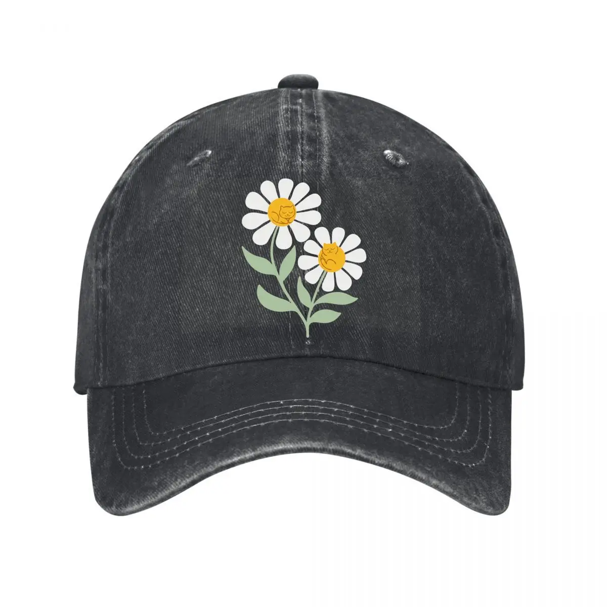Sleeping Cat Daisy Flower Illustration Washed Baseball Cap Hip Hop Sun Hats
