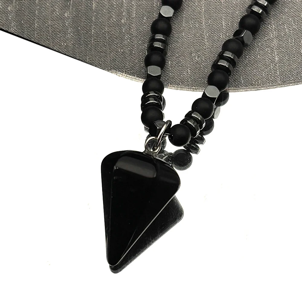 

Goth Black Obsidian Reiki Healing Pendulum for Divination Necklace Women Men Stainless Steel Beaded Chain Cone Pendant Jewelry
