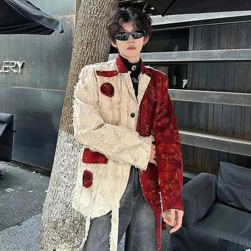 New Trendy Men's Blazers Ribbon Patchwork Three-dimensional Rose Handmade Contrast Color Single Breasted Male Suit 9RA33