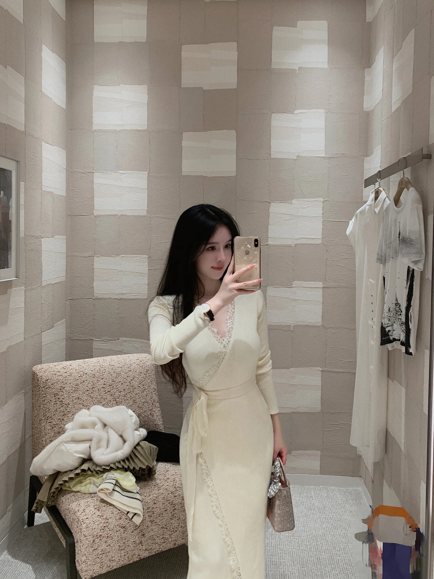 

Ele Lace Trim Wool Knitted Dr Women's Faionable Versatile Skirt High Waist Long Sve V Ne Bodycon Dr for Date