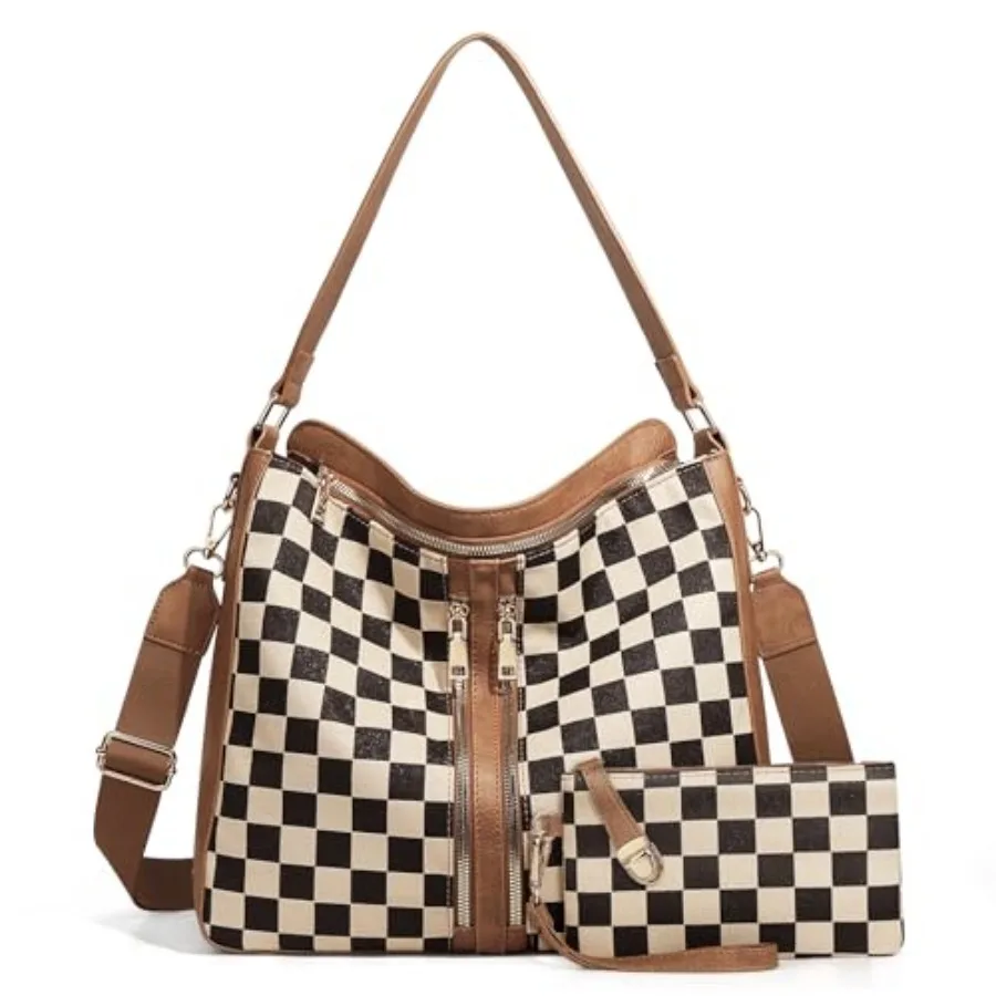 

Checkered Purses for Women Structured Hobo Bags Crossbody Tote Bag for Daily Work PU Leather Plaid Shoulder Handbags