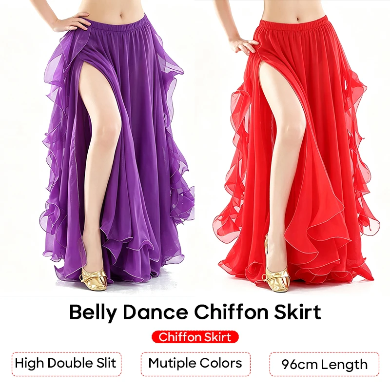 Women Belly Dance Chiffon Ears Skirt Premium Thickened Chiffon Multiple Color Choices High Double Slit 96cm Length Performance