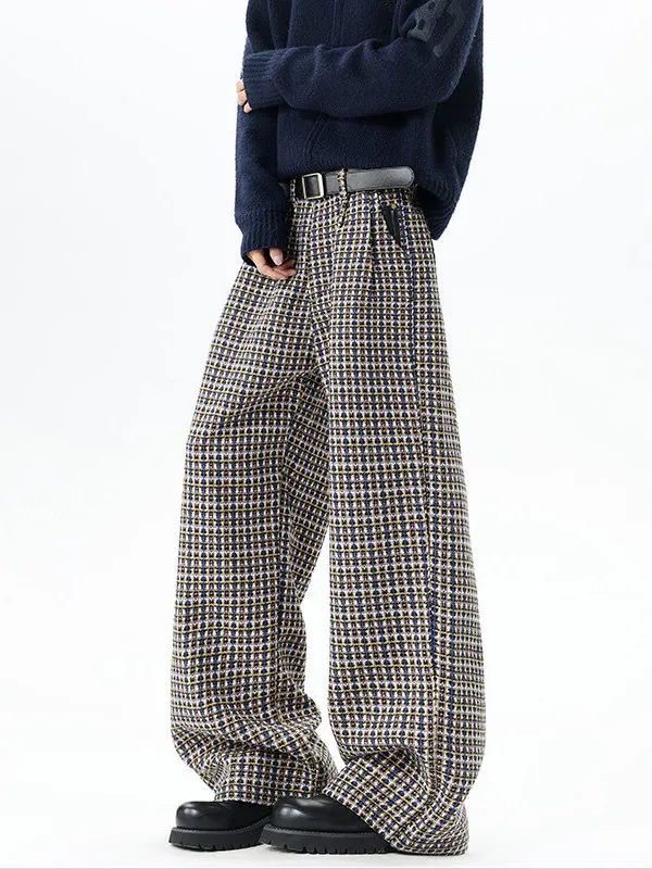 

TANGZ Studio American Sle Wide Leg Pants for Men with Che Design Patchwork Leather Casual Floor-Length Trousers