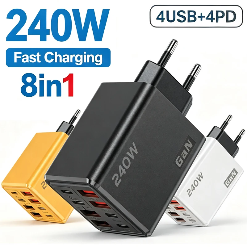 8 in 1 GaN USB C Desktop Charger 240W Fast Charge Phone Adapter For iPhone 18 17 16 15 Pro Max Samsung Xiaomi EU/US Plug Charger