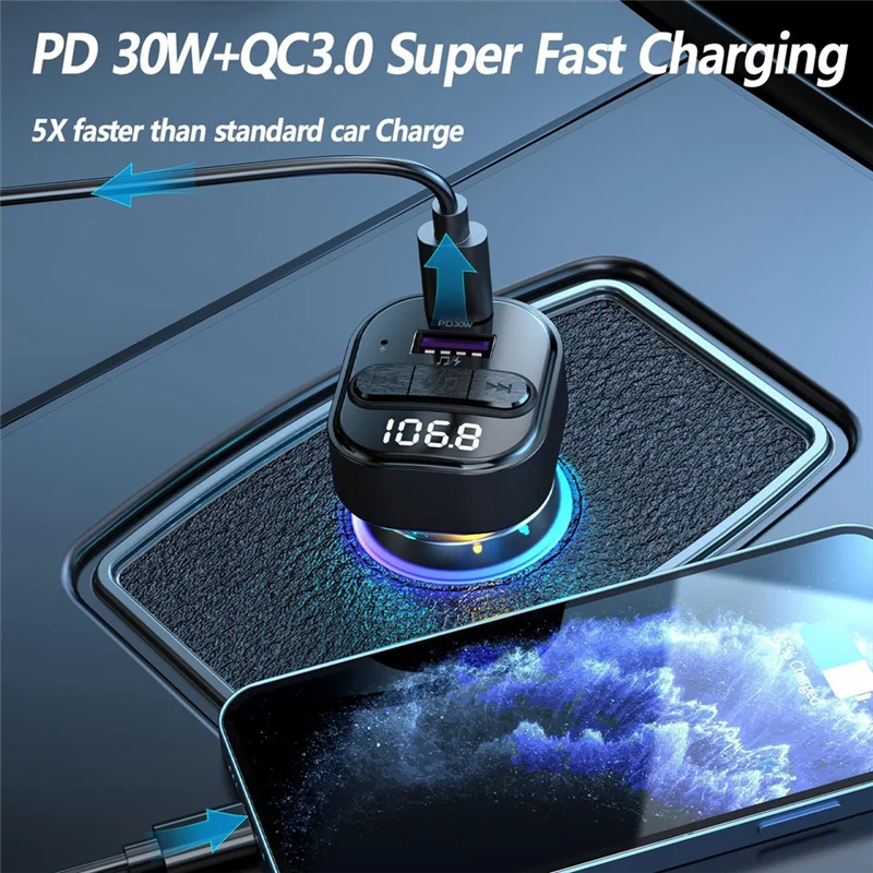 Durable-Bluetooth 5.3 FM Transmitter Support MP3 Player, Hands-Free Calling, LED Backlight For Car With Type-C PD Car Charger