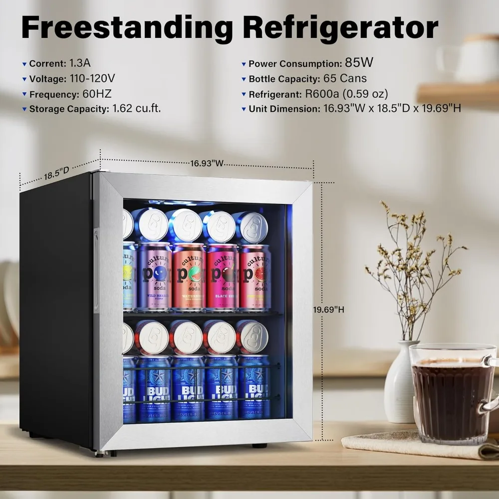 1.6 Cu.Ft Beverage Refrigerator Cooler, 62 Cans Adjustable Shelving Mini Fridge with Glass Door for Beer Drinks Wines