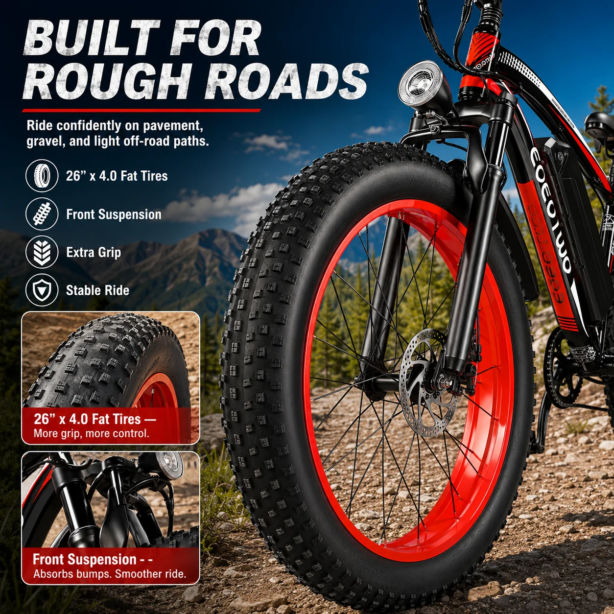 Electric Bike for Adults, 26"×4 Fat Tire Ebike with 1500W Peak Motor, 34MPH 70Miles Electric Mountain Bike with 48V 20AH Removable Battery, 7-Speed, Front Suspension, LCD Display, UL 2849 Certified image 5