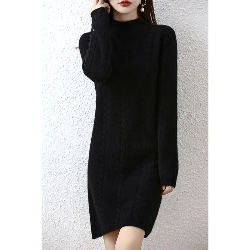 Autumn Winter Women\'s 100% Merino Wool Dress Solid Color Knitted O Neck Long Sleeve Warm Pullover