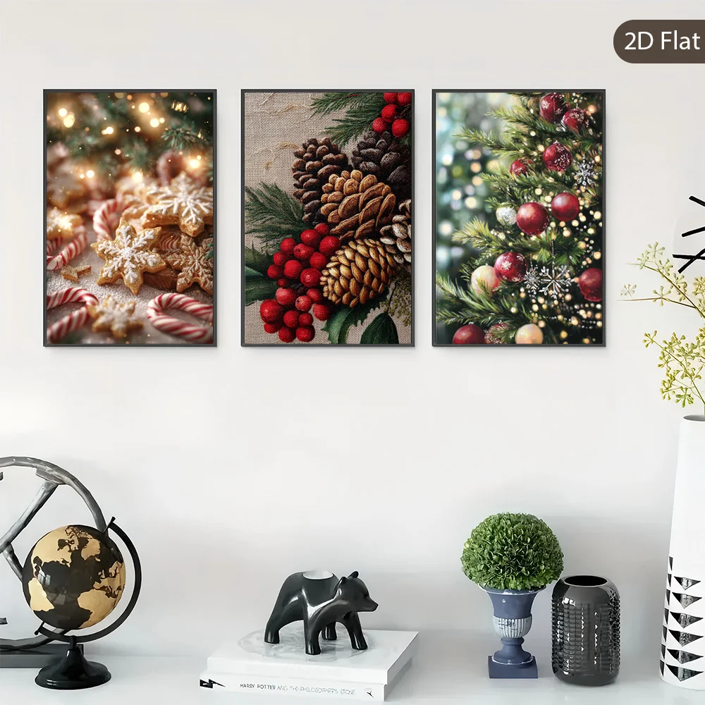 2D Flat,Set of 3 Unframed Holiday-Themed Wall Art, Canvas Prints for Christmas Joy, Winter Wonderland Artwork, Shimmering Orn