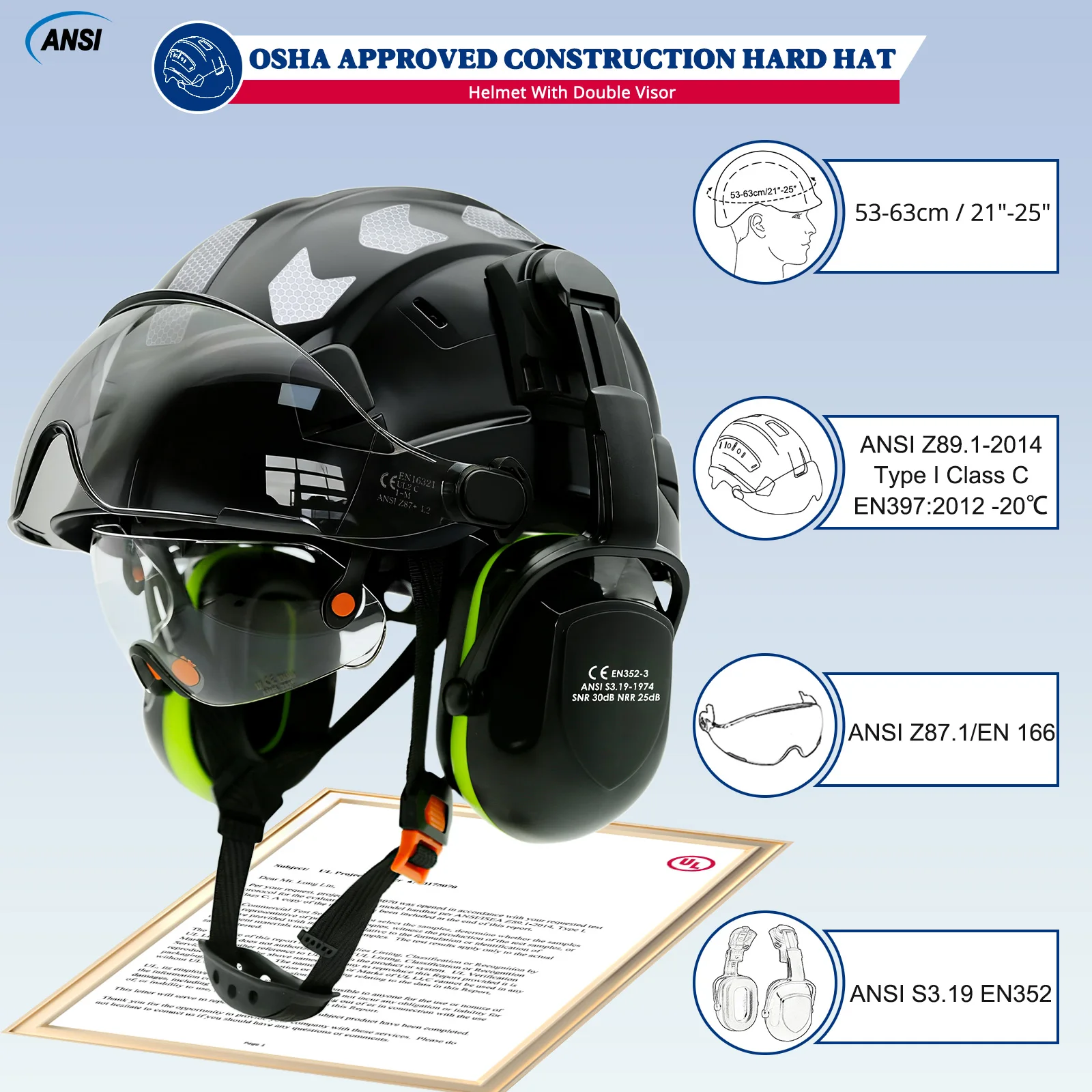 CE Safety Helmet With Double Goggles Contrast Color Earmuffs Noise Reflective Stickers for Engineer Hard Hat Industrial Work Cap