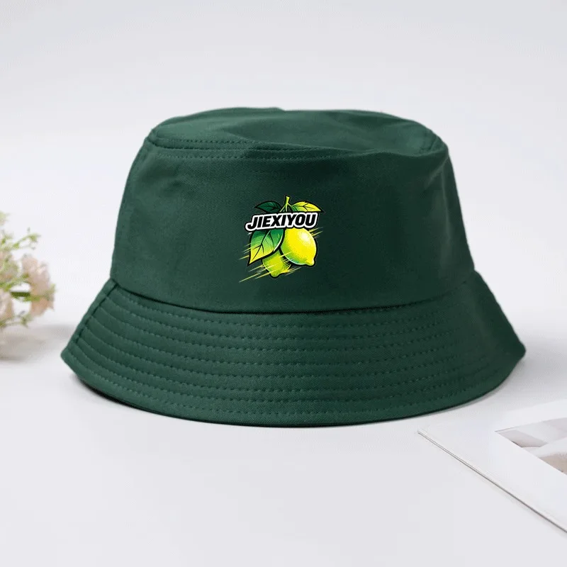 Lemon Print Bucket Hat 100% Cotton Summer Fisherman Cap Citrus Fruit Pattern Sun Hat Outdoor Beach Cap for Women Men Breathable
