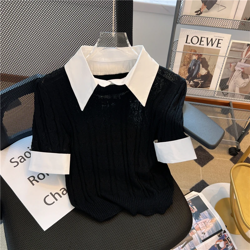 Abbigliamento da lavoro coreano estivo maglione lavorato a maglia maglietta da donna manica corta finta in due pezzi maglieria magliette elegante