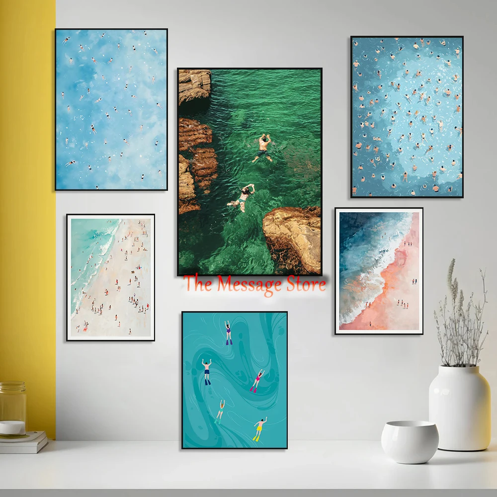 Swimmers Ocean Art Summer Swimming Poster Blue Beach Summer Ocean Beach House Decor Canvas Painting Wall Pictures Bathroom Decor