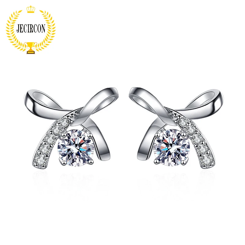 

JECIRCON 925 Sterling Silver Bow Knot Stud Earrings for Women Korean Temperament 0.5 Carat Moissanite Net Red Ear Jewelry Gift