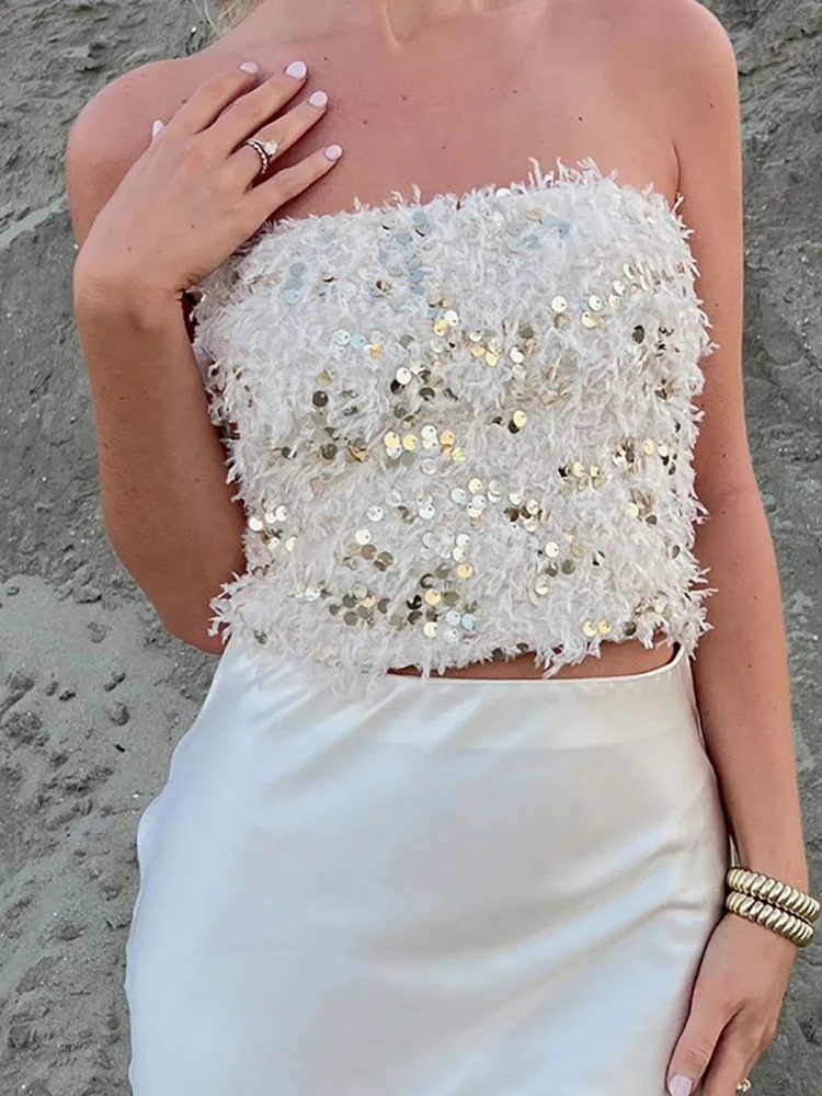 

Summer Hollow Out Off Shoulder Slim Club Party Top Casual Solid Sleeveless Beach Shirt Sparkling Tassel Strapless Women Blouses