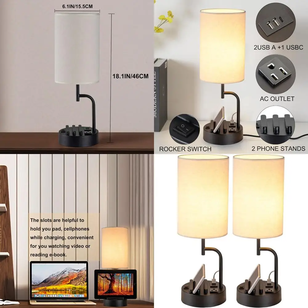 

Настольная лампа Dreamholder с 3 USB-портами для зарядки, современная настольная лампа с розеткой переменного тока и подставками для телефона, идеальная прикроватная лампа для кровати