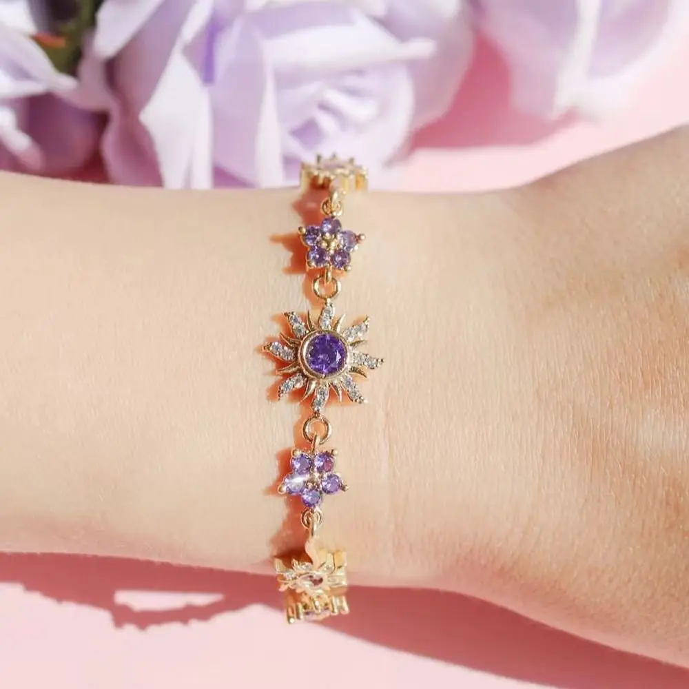 Dainty Luxury Sunflower Bracelet Exquisite Fashion Pink Cubic Zirconia Chain Crystal Sparkling Shiny Rhinestone Bangle For Women