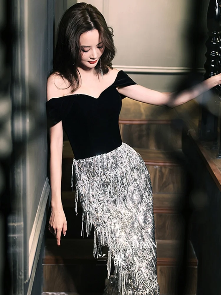 

iny Sequin One oulder aduation Dr Women's Faionable Evening Gown Luxury Art Exam Par Host Long Skirt Dr