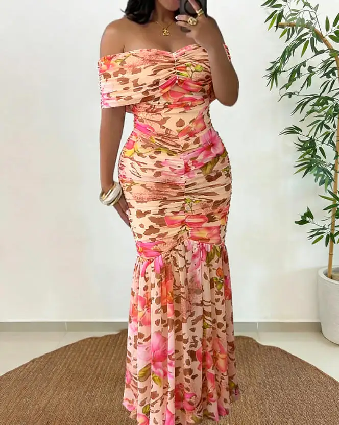 

2026 New Women's Foldover Off Shoulder Mermaid Dress Ruched Bodycon Leopard Floral Maxi Dress Sexy Tropical Vacation Dress
