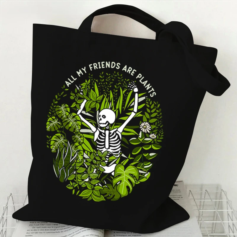 Crazy Plants Canvas Tote Bag Women Vintage Skull Handbag I Need Is Coffee and Plants Print Tote Bag Skeleton Plants Shoulder Bag