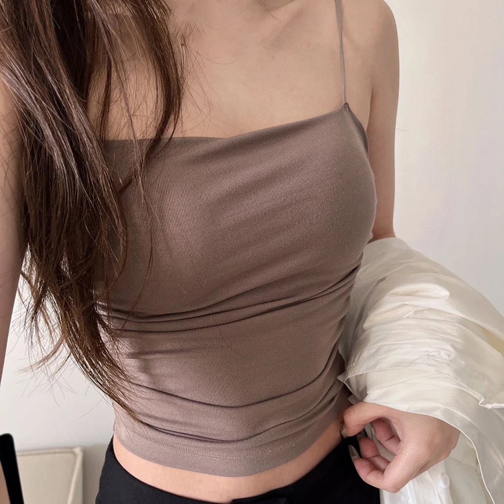 

1pc Women Waist Pleated Vest With Chest Pad Sleeveless Vest Sexy Short Top Solid Color Tank Top Underwear With Thin Straps