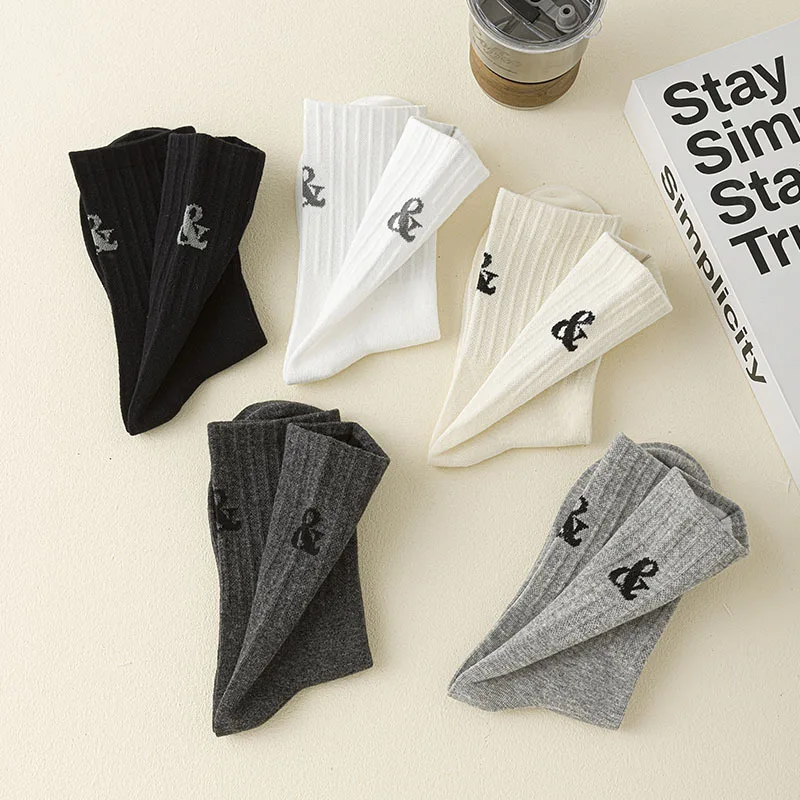 5 Pairs of Long-style Double-strap Socks - Men's and Women's Sporty Cotton Long Stockings, Men's Mid-calf Socks, Trendy Style