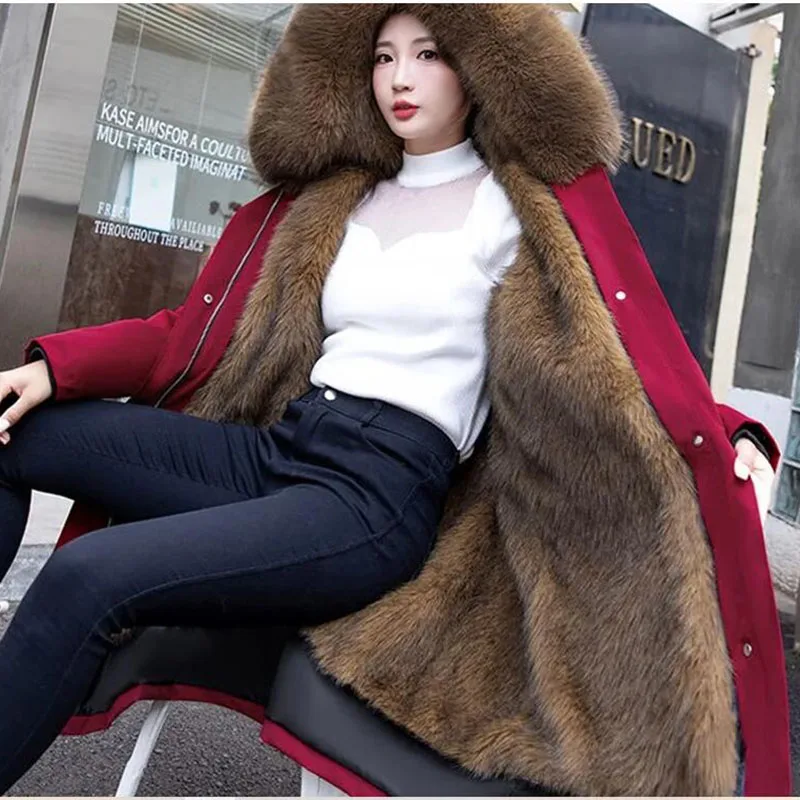 2023Winter New Pai Overcome Women Coat Long Fur Jacket Liner Removable Fox-like Fur Collar Wool Coat Female Parkas Thickened Top