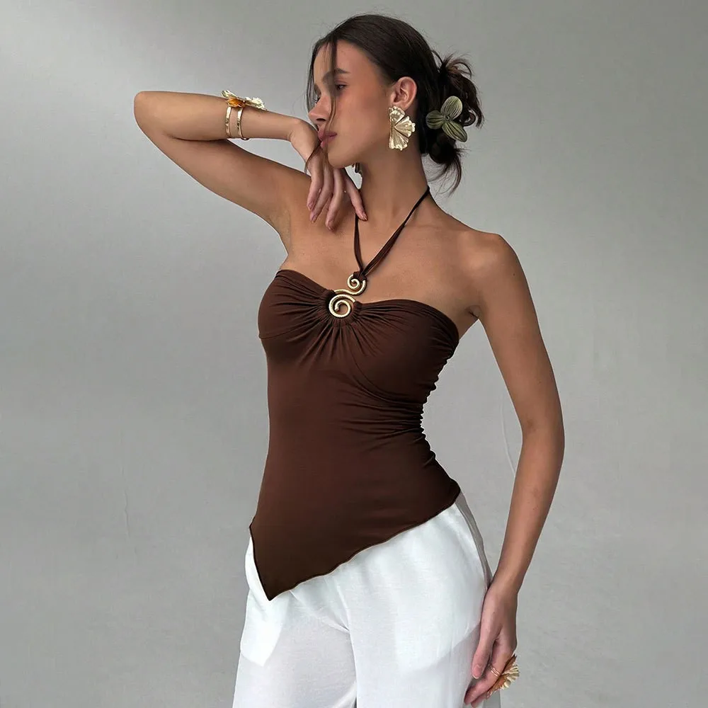 Women's Summer Sexy Slim Fit Strapless Crop Top Solid Color Bodycon Tank with Metal Detail Short Length Women Clothing Female