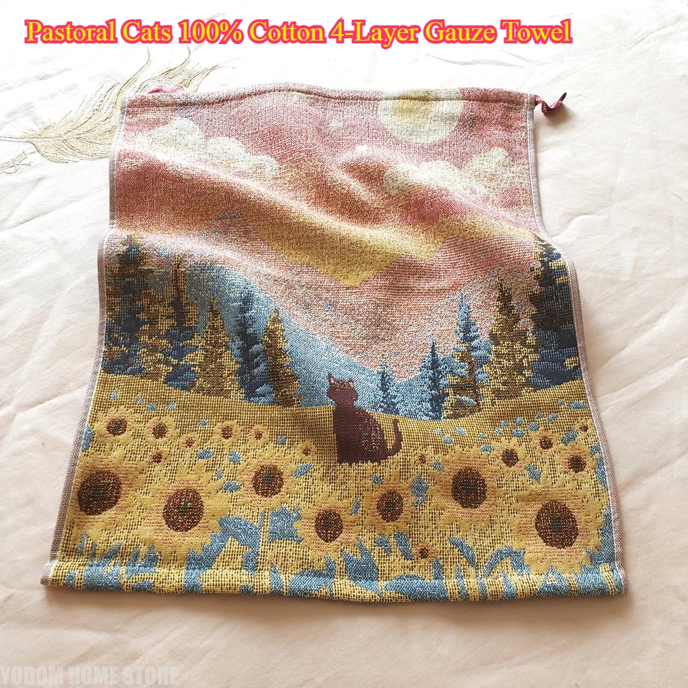 Pastoral Cats 100% Cotton 4-Layer Gauze Towel - Printed Hand Towel for Bathroom, No Fading for Kids & Adults