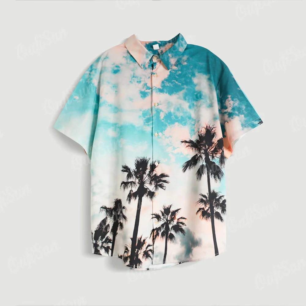 

High Quailty Summer Hawaii Shirts For Men Chill Style Short Sleeve Lapel Coconut Tree Men Shirts Oversize Men's Outdoor Wear