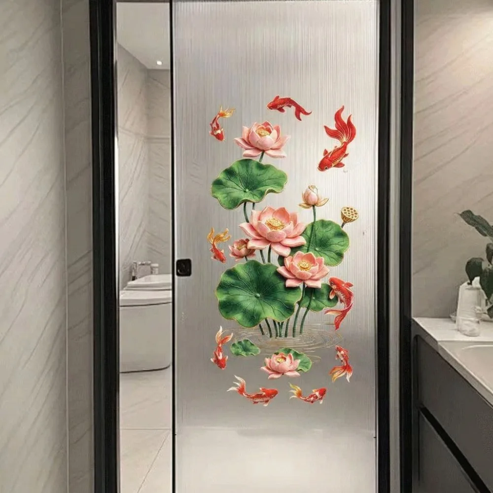 Lotus Flower Glass Decal Flower Koi Sticker Lotus and Koi Pattern No Glue Glass Door Sticker Pink and Green Print