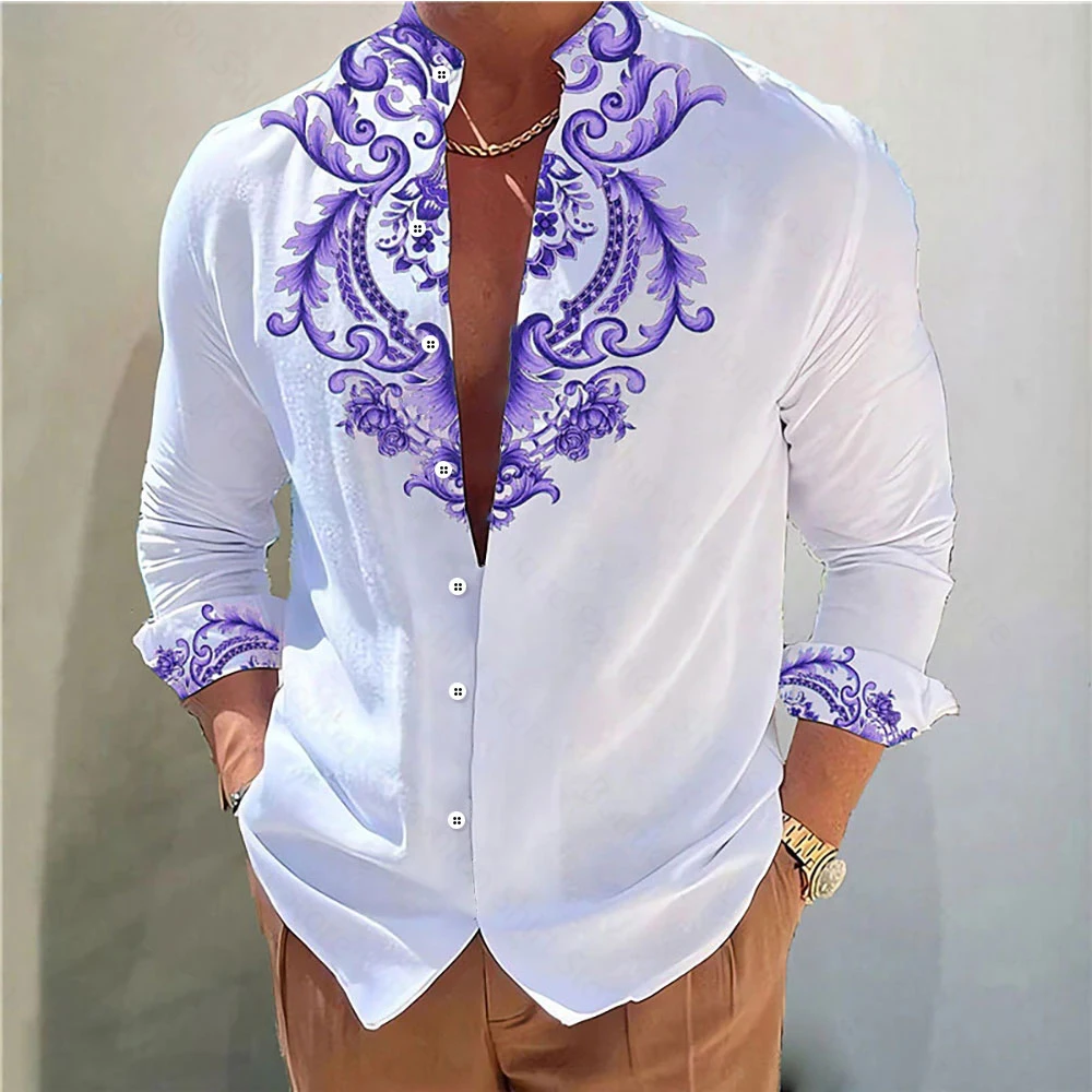 Camisa De hombre con estampado Floral 3D HD, cuello levantado, rosa dorada, camisa De manga larga para exteriores, ropa musulmana para hombres, ropa De Homem