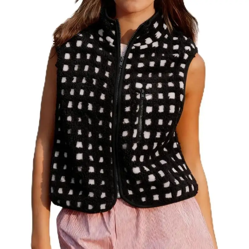 

M68A Женский клетчатый жилет без рукавов, зимний флисовый жилет на молнии с нагрудным карманом