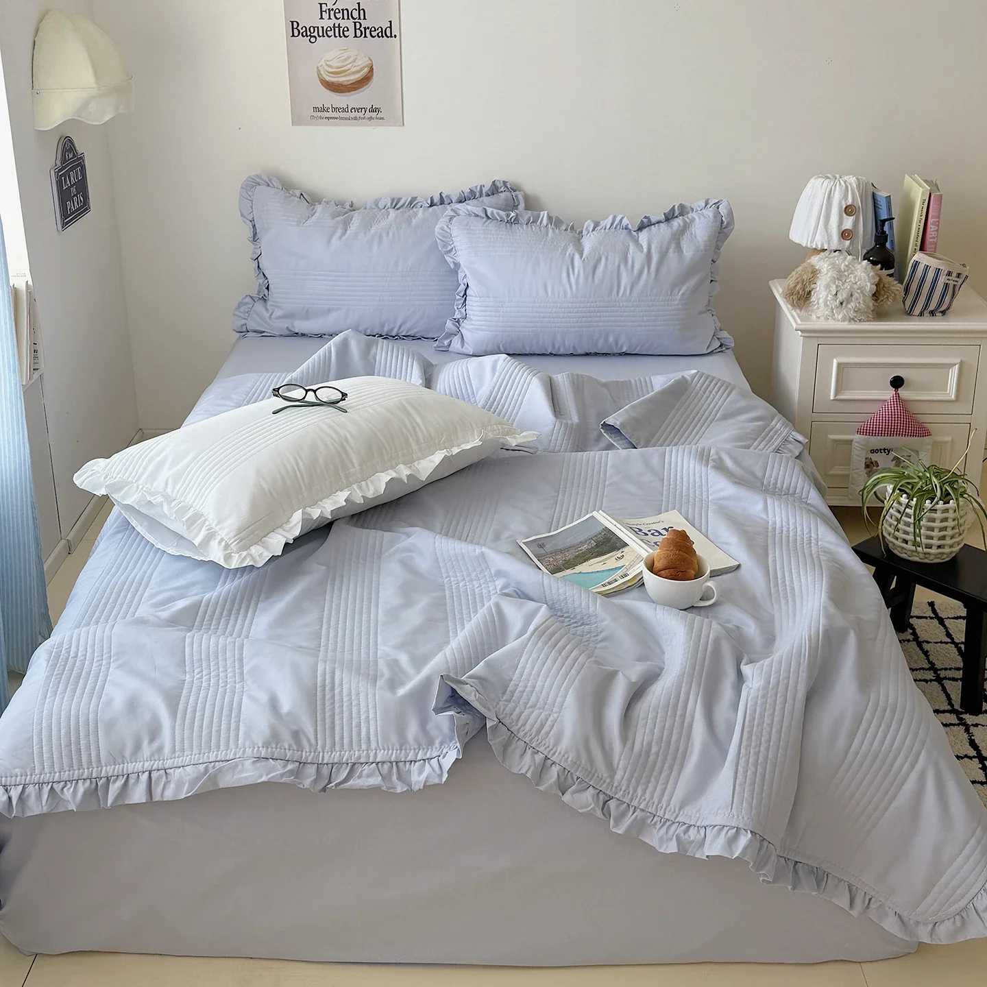 New Korean Style Ruffled Summer Quilt Set or 1pc Quilt Only Lightweight Air Condition Comforter Solid Quilted Blanket Bedspreads