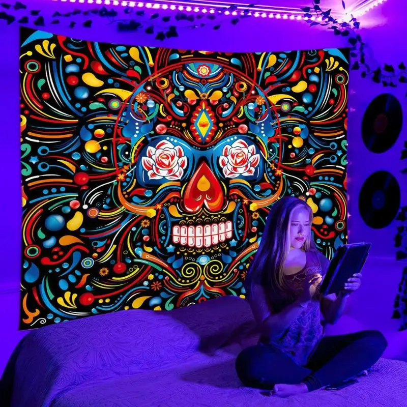 VIKAMA Fluorescent Sugar Cranium Rose Eyes Day of the Dead UV Glow Tapestry Surreal Wall Mural Room Decor Soft Durable Cozy Gift