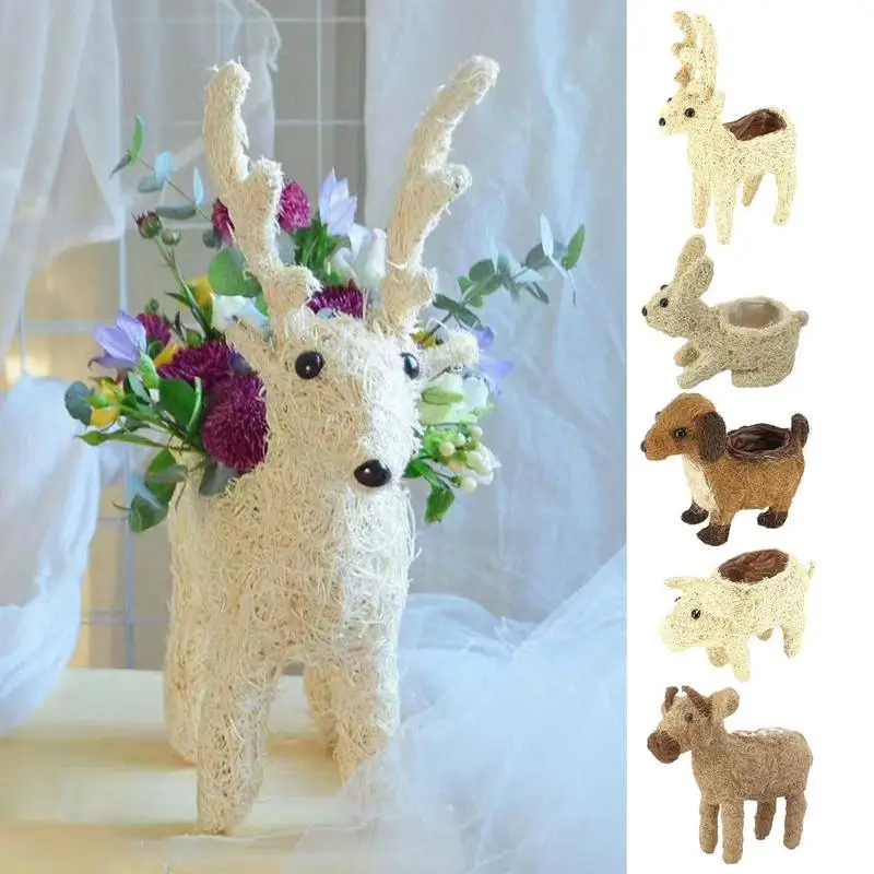 

Handmade straw animal flower pot planter desktop decorative ornaments small dog rabbit pig calf deer creative modeling design