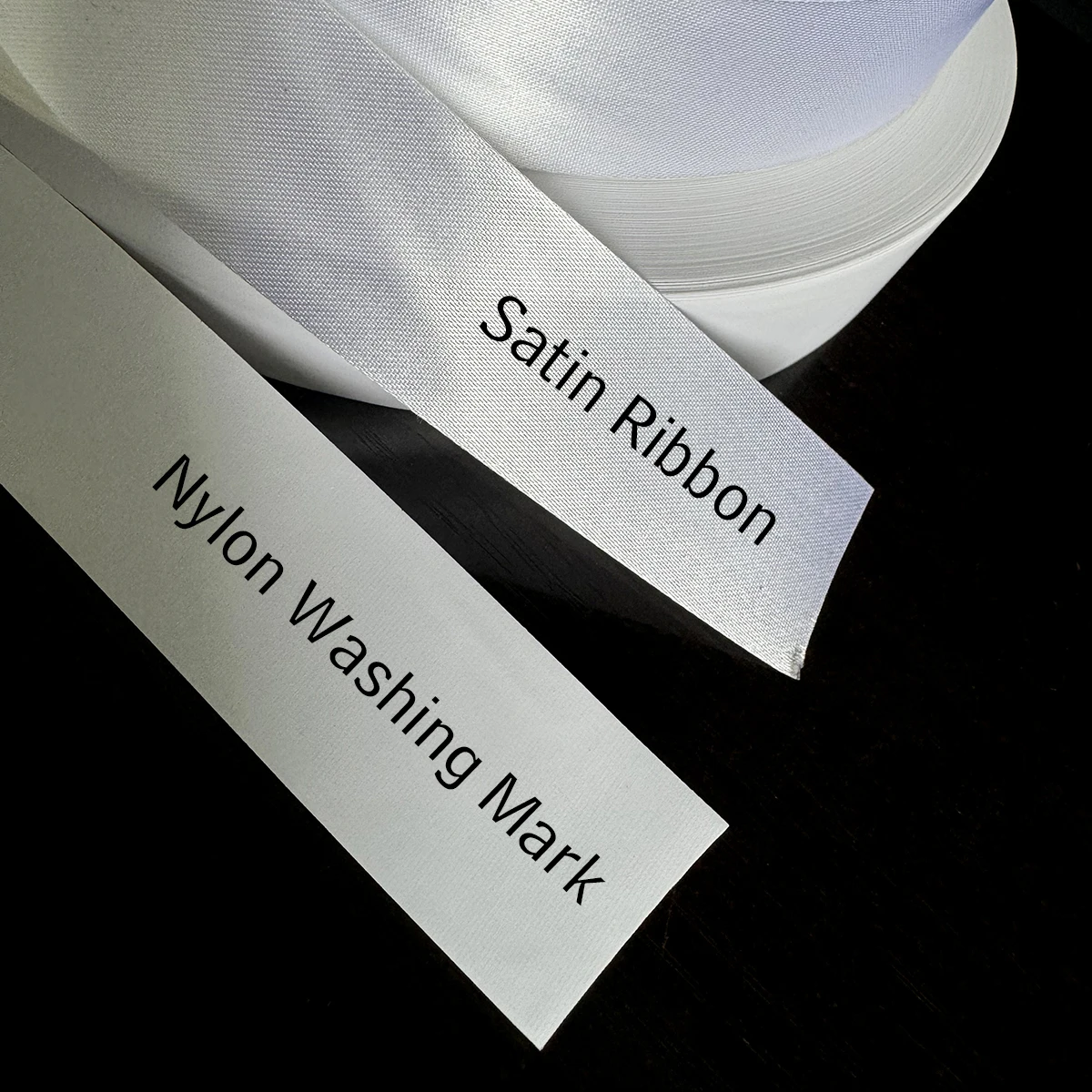 3cm Custom Made design garment washing care tags NYLON/SATIN material size tags washable labels whitetape black design