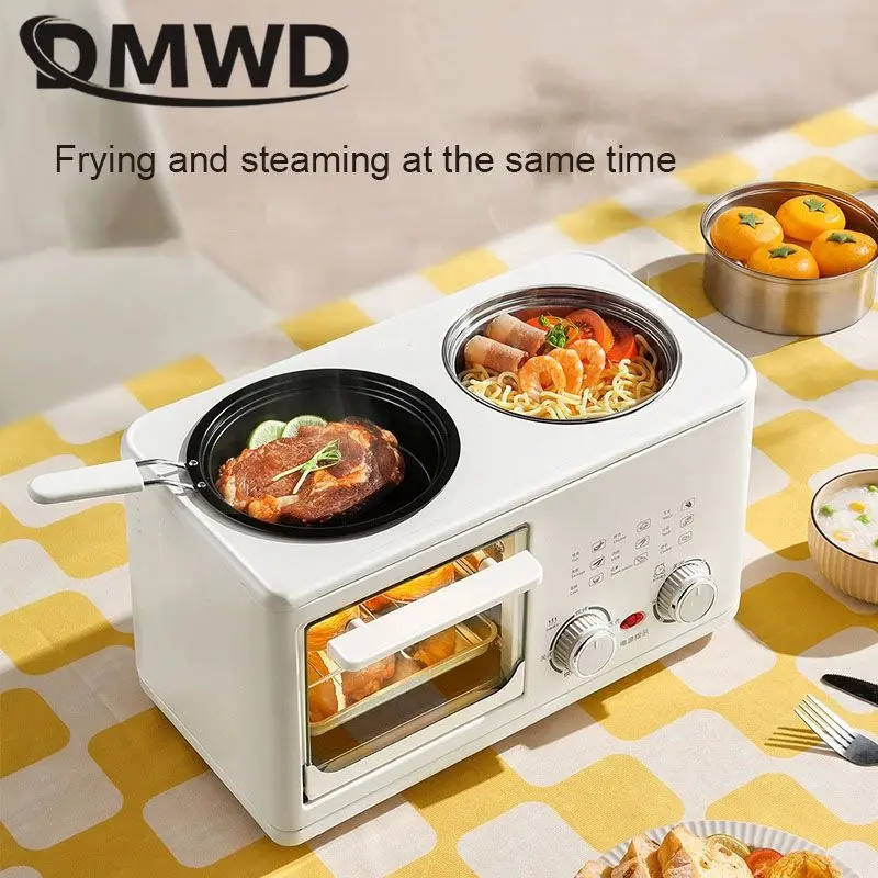 DMWD 4 in 1 Household Electric Breakfast Machine Toaster Frying Pan Mini Oven Bread Pizza Maker Hot Pot Steamer Boiling Pot