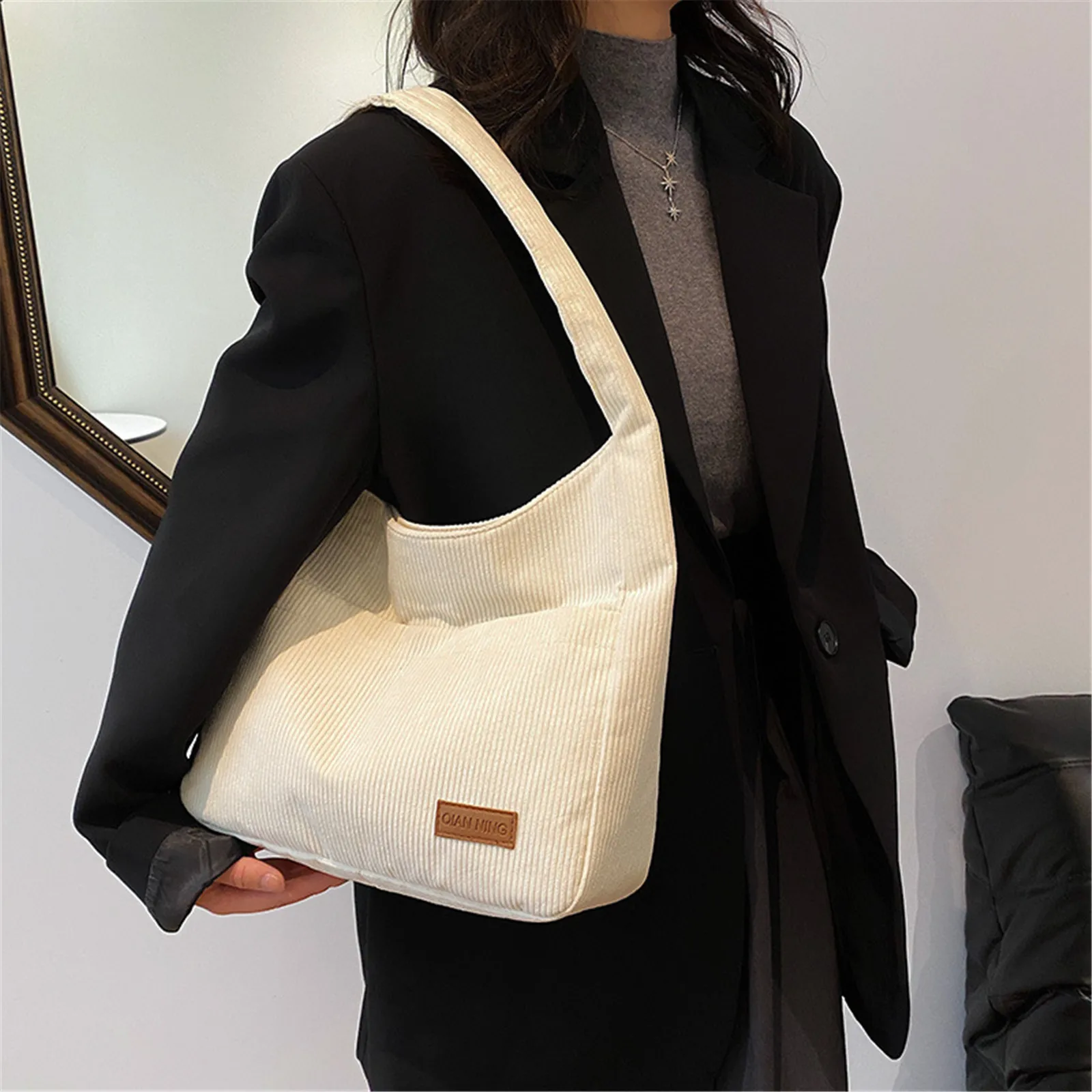 Solid Color Canvas Shoulder Bag Corduroy Tote Handbag Shoulder Bag Women Girls Shoulder Bag Tote Bag Handbag Canvas Corduroy Bag