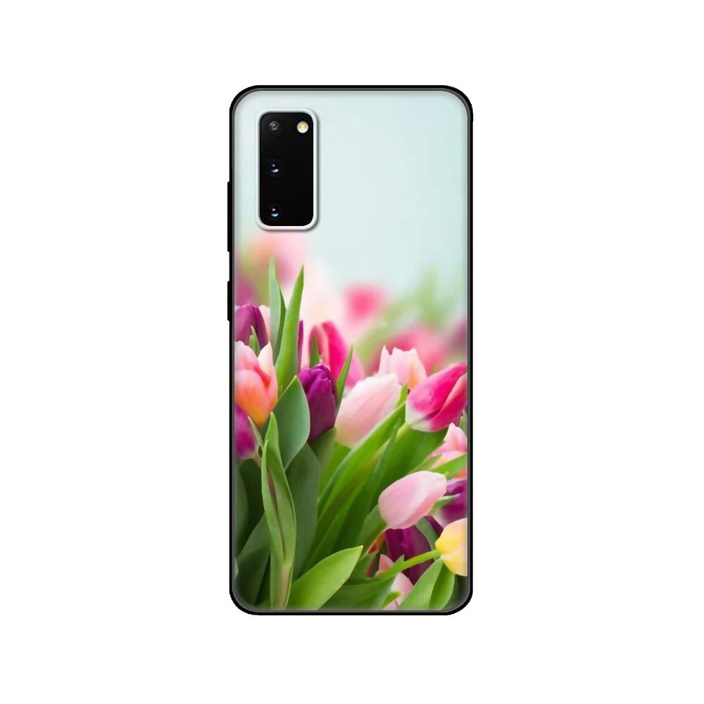 Spring Tulips Flower Black tpu Case For Samsung galaxy S22 S20 S21 FE PLUS ultra+S10 E lite back cover