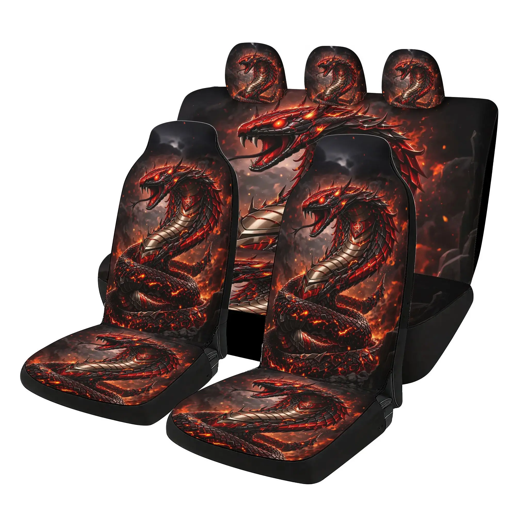 7pcs 2D Printed Lava Red Snake Print Car Seat Cover Set, Includes 2 Front And 1 Rear Bottom Cushion And 1 Rear Backrest And 3 He