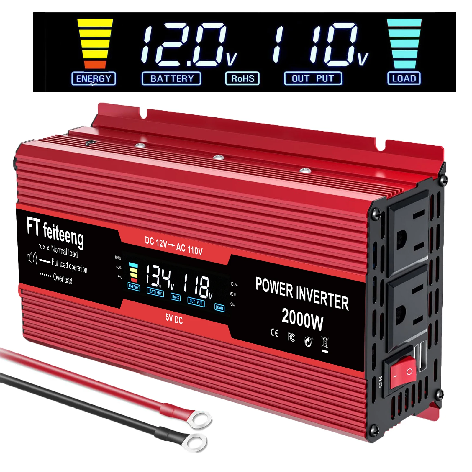 

Power Inverter, DC 12 to AC 110V,Two plugs and two USB ports, suitable for charging cars, trucks, and computers